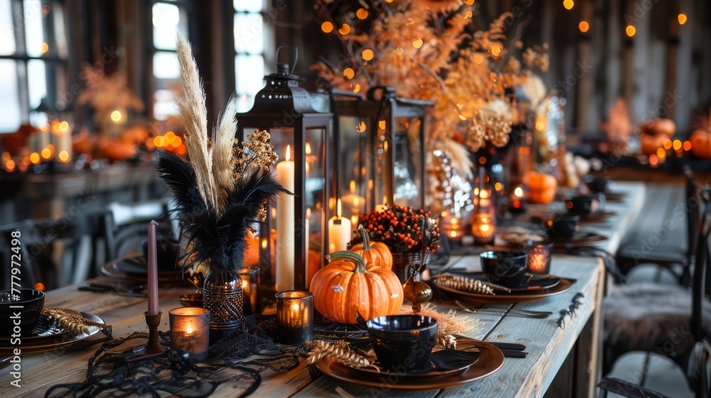 Whimsical Halloween table decor with candles and roses, ideal for a magical themed event. Whimsical Halloween table decor with candles and roses, ideal for a magical themed event.