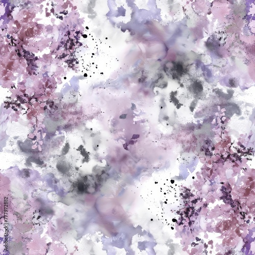 Soft purple lilac flowers on watercolor splashes, perfect for feminine design and decor. Seamless pattern.