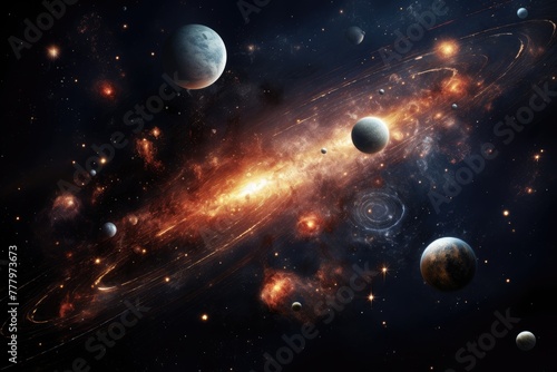A display of various celestial bodies in a galaxy, Nebula and galaxies in space. Abstract cosmos background, AI generated