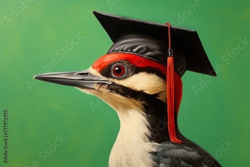 woodpecker in a black graduate hat with a tassel, green background.