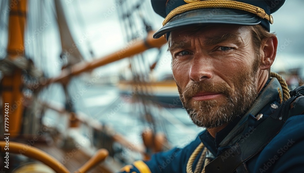 Portrait of a Serious and Determined Sailor Steering the Ships Helm on a Stormy Day at Sea Portrait of a Serious and Determined Sailor Steering the Ships Helm on a Stormy Day at Sea