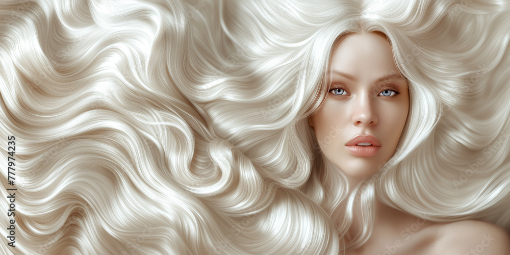 Fototapeta premium ash blonde. a young woman with gorgeous long wavy hair. the concept of hair care, coloring. hair extensions.