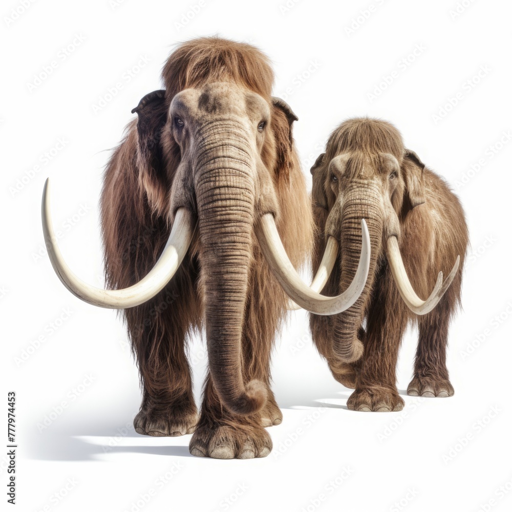 Obraz premium two walking mammoths with large tusks on a white background. an ancient proboscis animal.