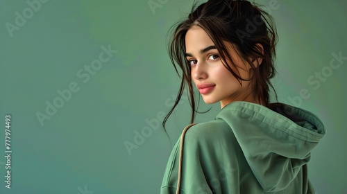 Portrait of a Young Woman Looking Over Shoulder, Serene Beauty in a Green Hoodie. Perfect for Advertising, Fashion Blogs. AI photo