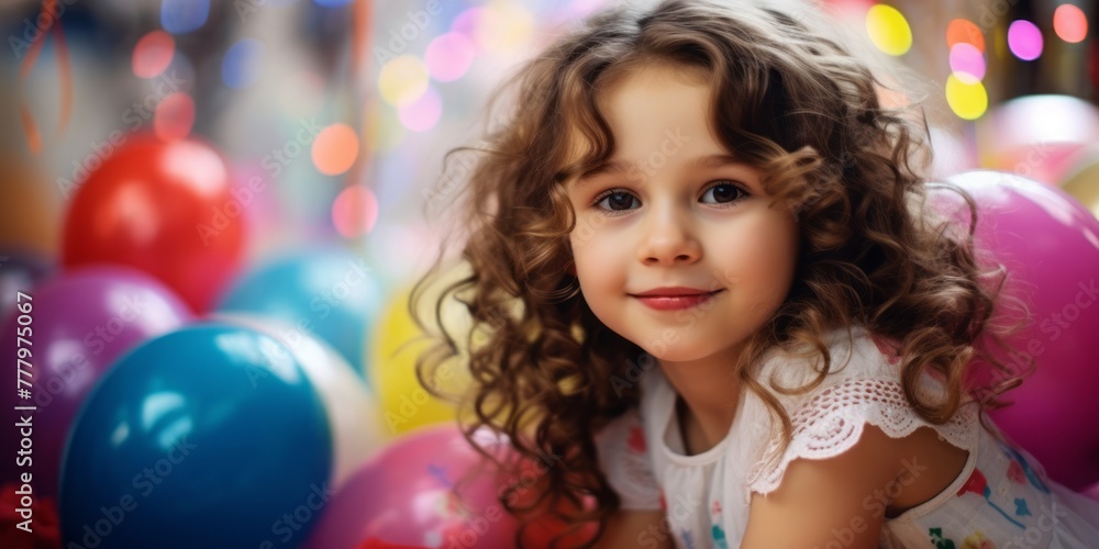 Portrait of a happy cute girl in a colorful dress on the background of balloons. Portrait of a happy cute girl in a colorful dress on the background of balloons.