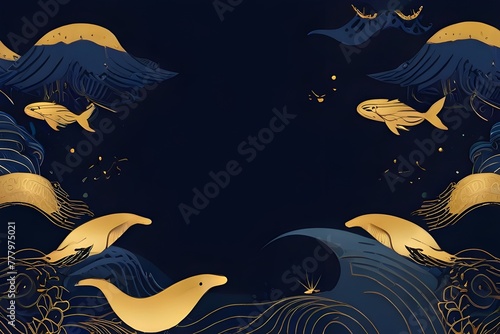 Dark blue art background with whales in gold line style. Abstract vector banner for wallpaper design, decor, print, pattern. Generative AI
