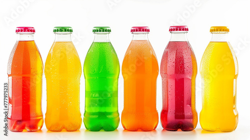 Plastic bottles of assorted carbonated soft drinks over white background. Generative Ai