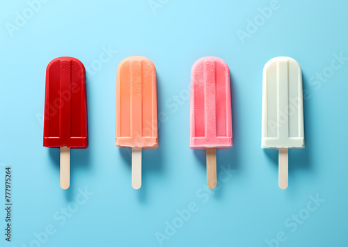 four Popsicle Ice Creams on Blue Background with Copy Space