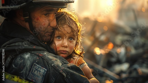 A firefighter appears, courageous, ready to carry a child in his arms. photo