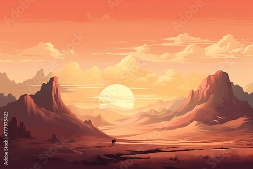 Sunset in the mountains and river landscape scene.