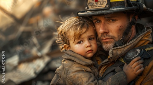 A firefighter appears, courageous, ready to carry a child in his arms.