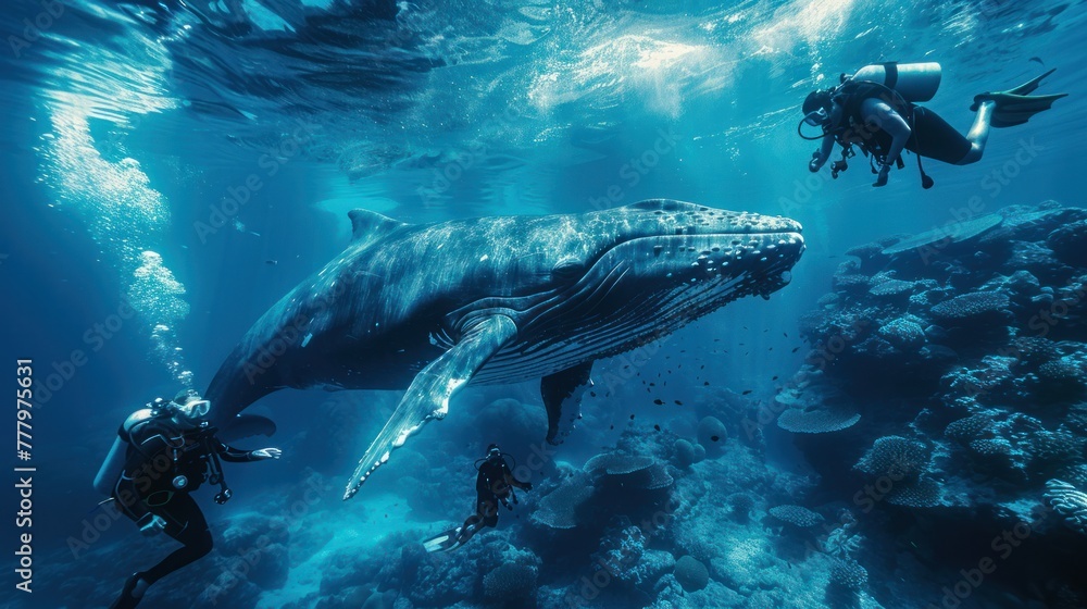 A group of scuba diving students under the surface of a coral reef in a tropical ocean with a big whale A group of scuba diving students under the surface of a coral reef in a tropical ocean with a big whale