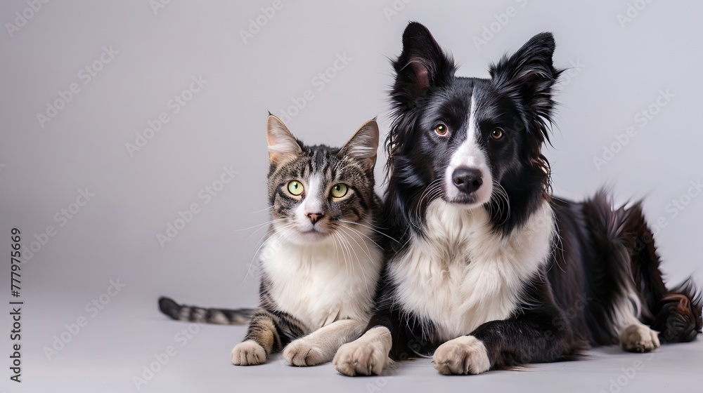 Friendly cat and dog sitting together in a studio. Simple portrait of pet companionship. Perfect for family and pet related content. AI
