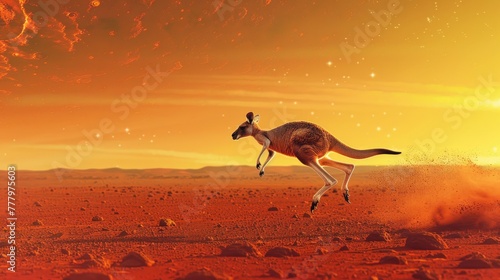 A kangaroo hopping effortlessly in Mars lower gravity with the red planets horizon stretching out behind it