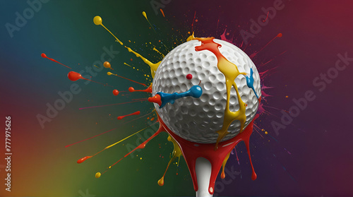 Colorful golf ball splat graphic on white background.generative.ai