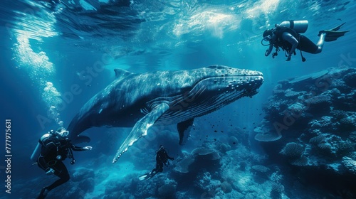 A group of scuba diving students under the surface of a coral reef in a tropical ocean with a big whale © sirisakboakaew