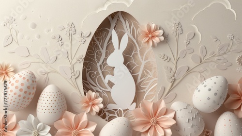 A bunny figurine made of porcelain inside an eggshaped dishware, surrounded by easter eggs and natural material flowers. Creative arts meets serveware in a festive event setting AIG42E