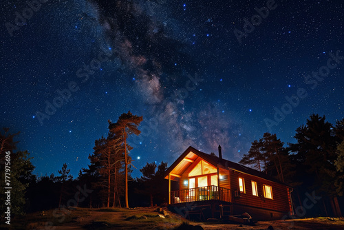 Eco-Friendly Cabin Illuminated Under a Starry Sky