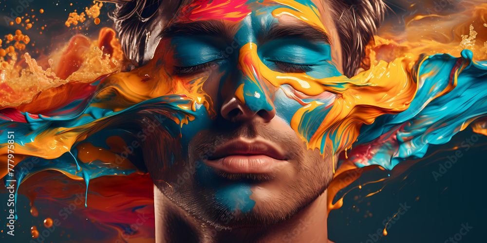 portrait of a man with painted face, Portrait of a Man with a Painted Face - Expressive and Artistic, Blue-Eyed Man with Painted Face - Striking and Expressive	
