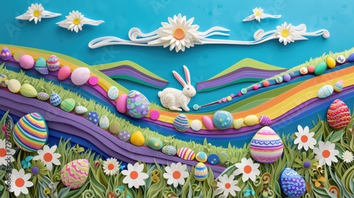 A paper bunny and Easter eggs are surrounded by flowers and plants in a happy meadow. The natural landscape includes grass and petals under a blue sky AIG42E