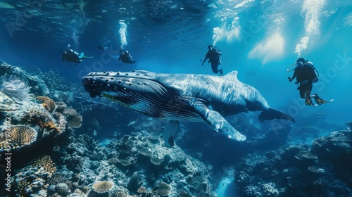 A group of scuba diving students under the surface of a coral reef in a tropical ocean with a big whale photo