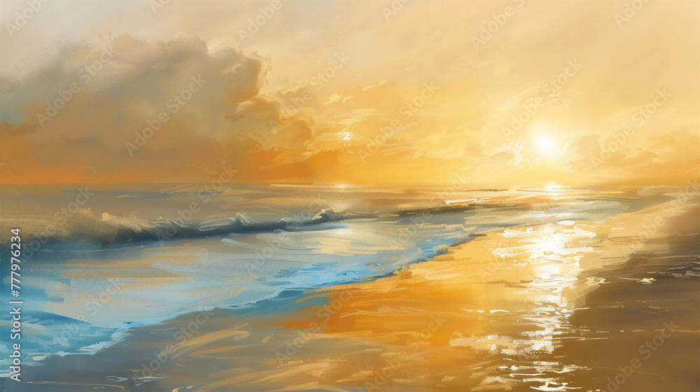 Serene beach sunset, Warmth, calm, soft light, golden glow, bright colors, tranquil shore, peaceful twilight, digital painting.