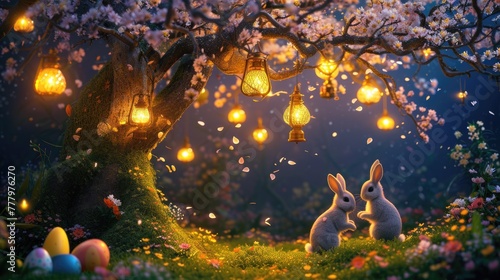 A rabbit is peacefully resting under a cherry blossom tree in a natural landscape at night, creating a serene and picturesque scene reminiscent of a painting AIG42E