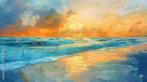 Serene beach sunset, Warmth, calm, soft light, golden glow, bright colors, tranquil shore, peaceful twilight, digital painting. © Yuriy Maslov
