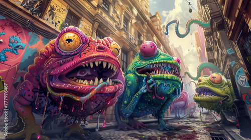 Surreal Colorful Frog Monsters Roaming the City © Vl