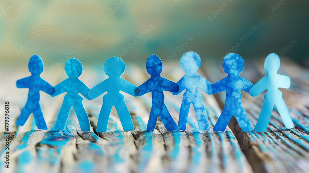 Blue paper figurines holding hands on wooden base symbolize cooperation, support, and teamwork, conveying unity and collaboration in a tangible form. Blue paper figurines holding hands on wooden base symbolize cooperation, support, and teamwork, conveying unity and collaboration in a tangible form.