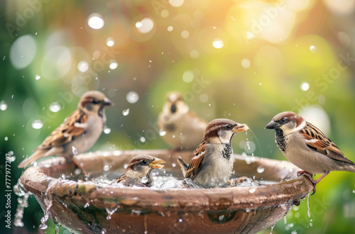 A group of small birds sitting in the bowl and splashing water, some cute little brown sparrow birdes playing together on summer sunny day, while others enjoying wet dripping droplets on their feather