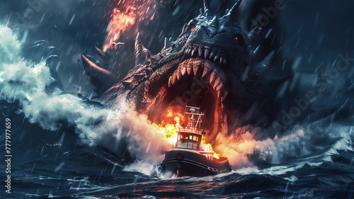 A small ship in a raging sea, running away from a huge sea monster with fire coming from its jaws, depicting a scene of peril and adventure.  photo