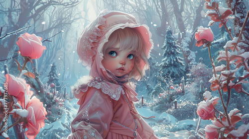 little girl in the garden. girl in snow. garden covered with snow
