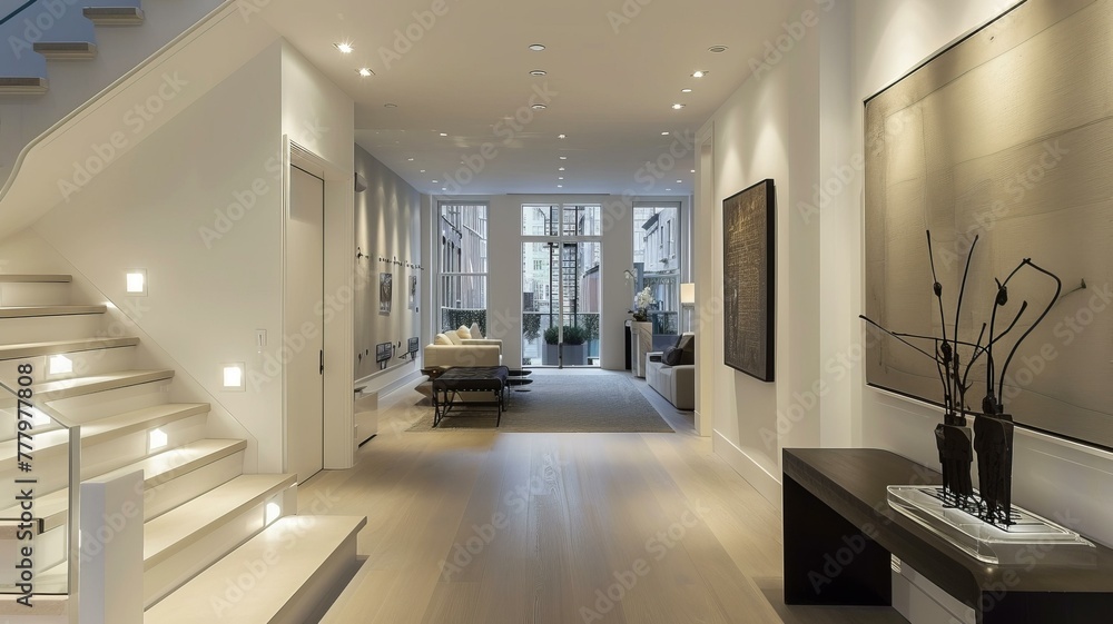 manhattan modern townhouse white entryway with recessed spot lights, AI Generative manhattan modern townhouse white entryway with recessed spot lights, AI Generative