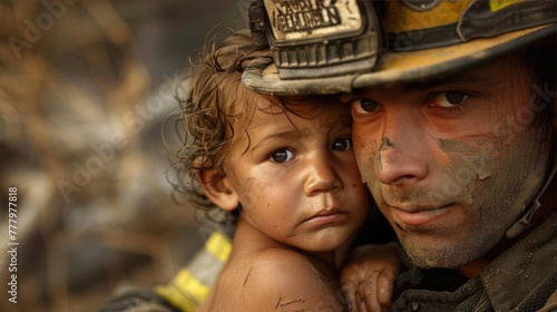 Fireman and child in his arms which is above the chaos in the disaster zone Theme of protection