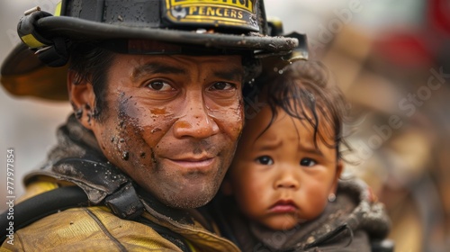 Fireman and child in his arms which is above the chaos in the disaster zone Theme of protection