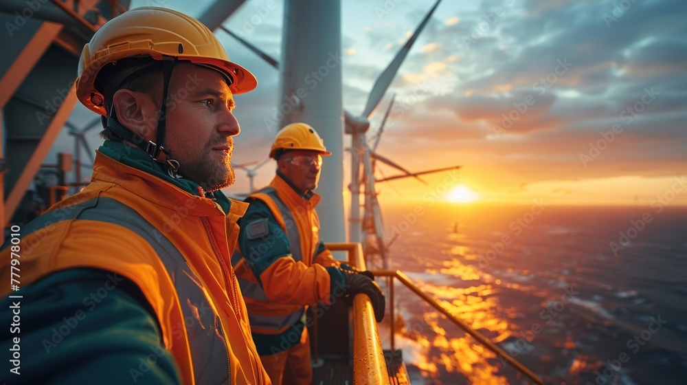 Close-up of two male engineers in safety suits standing on a wind turbine. Close-up of two male engineers in safety suits standing on a wind turbine.