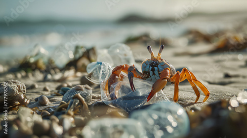 An oceanside crab hiding among plastic trash, symbolizing the impact of pollution on marine life and coastal ecosystems
