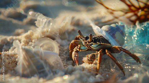 An oceanside crab hiding among plastic trash  symbolizing the impact of pollution on marine life and coastal ecosystems