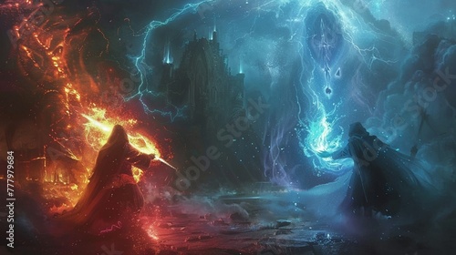 Wizards dueling with elemental magic at the edge of mystical realms