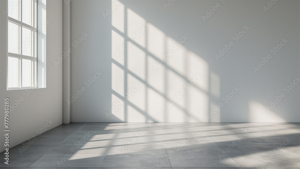 Fototapeta premium grey shadow studio showcase, shadow sunshine and sunbeam reflection on white wall and floor in empty luxury studio.
