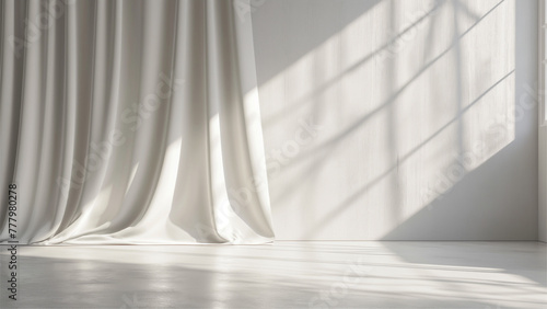 grey shadow studio showcase, shadow sunshine and sunbeam reflection on white wall and floor in empty luxury studio.