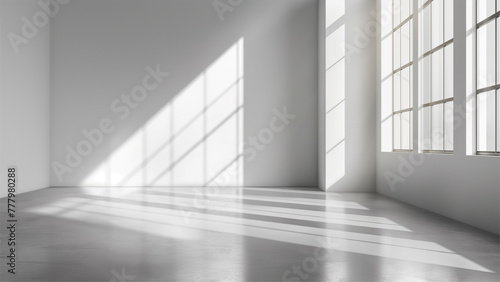 grey shadow studio showcase, shadow sunshine and sunbeam reflection on white wall and floor in empty luxury studio.