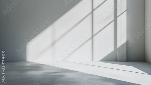 grey shadow studio showcase, shadow sunshine and sunbeam reflection on white wall and floor in empty luxury studio.