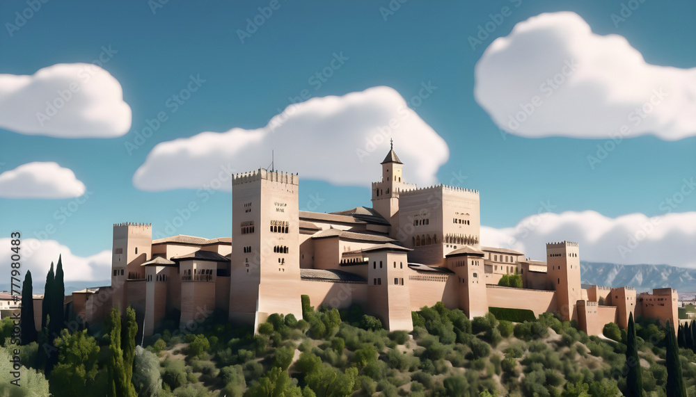 Alhambra fortress in Granada, Spain. 3D rendering. Generative AI