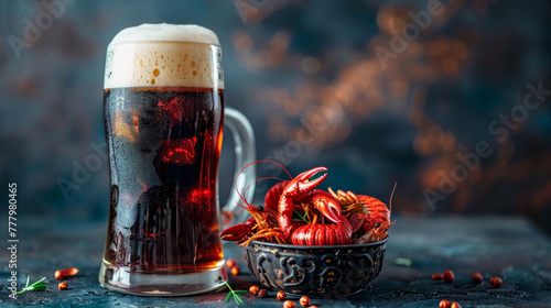 A frothy dark beer served with a bowl of boiled crawfish on a rustic table.
