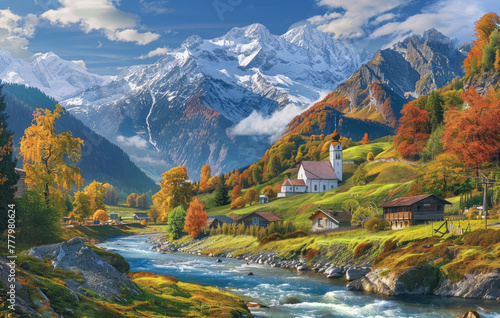 A picturesque autumn scene of the idyllic village in Tirol, with its white houses and colorful trees, set against rolling green hills and surrounded by majestic mountains under clear blue skies