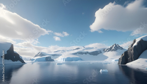 Antarctic landscape with icebergs and ocean. 3d render. Generative AI