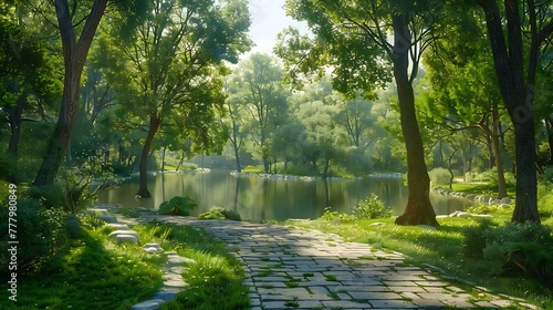 Lush green trees encircle a pristine lake in a sunlit park, where a stone path meanders through the colorful landscape, inviting exploration