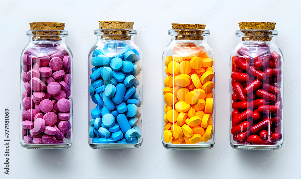 Set of tablets in glass bottles, Generative AI Set of tablets in glass bottles, Generative AI